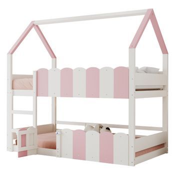 Litera Infantil 90x200 Cama En Forma De Casa Con Escalera, Madera Maciza Y Mdf, Cama Infantil Rosa