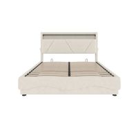 cama tapizada 160x200 cm - cabecero con led y estantes espacio de almacenamiento adicional somier de gas silencioso puertos usb certificados bolsillos laterales - beige