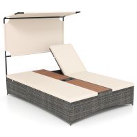 costway tumbona doble de ratan pe con toldo mesa integrada portavasos respaldo ajustable 6 niveles para terraza piscina 203 x 147 x 164 cm