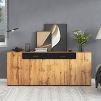 aparador veteado de madera negra 4 puertas 2 cajones tiradores dorados
