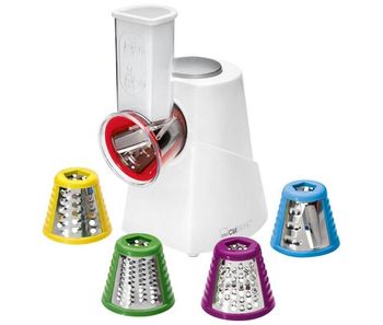 Clatronic me 3604 cortadora verduras eléctrico, ideal para cortar, rallar, triturar, 5 funciones, 5 acce. acero, 150, blanco