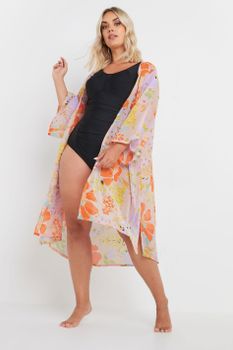 Yours Kimono Playero Melocotón De Flores, Mujer Curvy Y Tallas Grandes, Yours