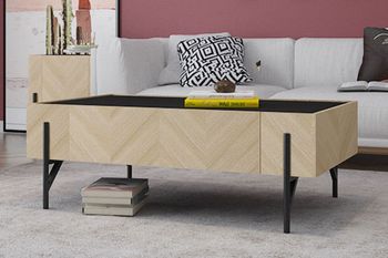 Mesa de centro de madera clara con 2 cajones grandes.