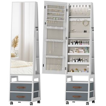 HOMCOM Espejo Joyero con Luces LED Interior Ruedas Giratorio de 360° Estantes Abiertos Cajones de Tela Blanco