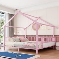 cama infantil metalica en forma de casa con barrera de seguridad diseno de techo y marco decorativo 140x200 cm rosa