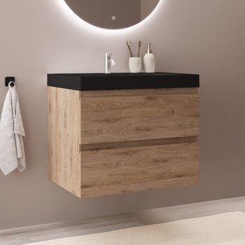 Mueble De Baño Suspendido Con Lavabo Negro 60 Cm Roble Claro Con 2 Cajones - Lomazoo Monaco