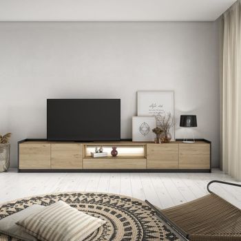 Mueble tv efecto madera roble y negro 310x37x50cm con led