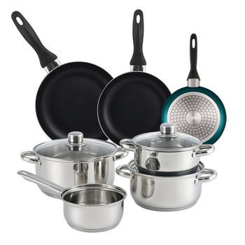 Batería de cocina 7 piezas de acero inox y sartenes azul ø16,20,24 cm
