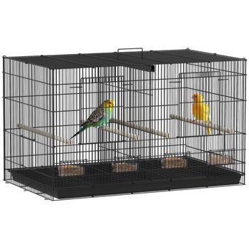 Jaula de acero Pawut para pájaros de interior con separador, 4 bebederos, 4 comederos, bandeja deslizante, para loros, canarios, pinzones, 76x46x46 cm, Negra