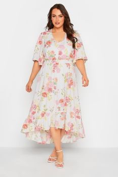 Yours Vestido Blanco Floral Con Cintura Fruncida, Mujer Curvy Y Tallas Grandes, Yours