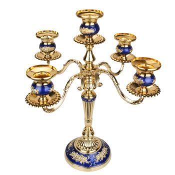 Elegante Candelabro De Aleación De Zinc De 5 Brazos - Centro De Mesa Romántico Para Cenas A La Luz De Las Velas Gold Blue