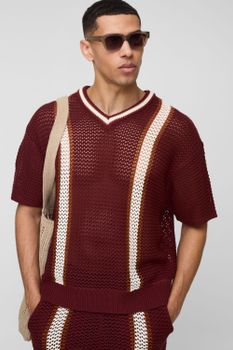 Boxy Fit Open Stitch V Neck Striped Knitted T-Shirt, Rojo