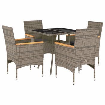Set Comedor Jardín 5 Piezas | Mueble De Jardín Y Cojines Ratán Sintético Vidrio Gris