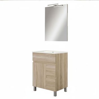 Kibath Mueble De Baño Con Lavabo, Espejo Y Aplique Led Urban 70x45 Cm Acabado Roble Natural Mate 2 Cajones Y Puerta