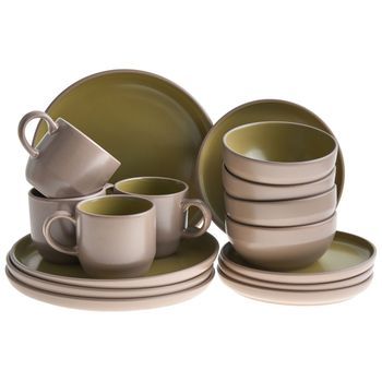 Vajilla De 16 Piezas De Gres Elegante Cocina Y Comedor Para 4 Personas Acabado Esmaltado Beige/verde Nutmeg