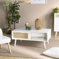 mesa de centro blanca con 2 cajones y 1 estante de rejilla natural