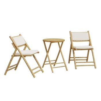 Juego Bistró Plegable De Bambú 3 Uds | Conjunto De Mesa Y Sillas Con Cojines Blanco Crema
