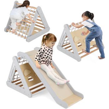 3 En 1 Triángulo De Escalada Para Niños, Escalador Triangular Con Tablero Deslizante Costway 62 X 64 X 57 Cm