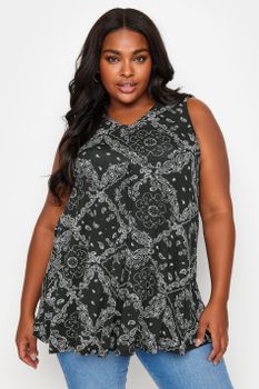 Yours Top Sin Mangas Negro Estampado Azulejo, Mujer Curvy Y Tallas Grandes, Yours