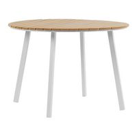 mesa de jardin 4 plazas de madera plastica clara estructura de metal aluminio tablero de listones 105 cm patas redondas exterior cavoli