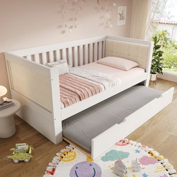 Cama Nido 90x190 Cm Con Cabecero Acolchado - Madera De Pino + Contrachapado - Somier De Láminas - Blanco (colchón No Incluido)
