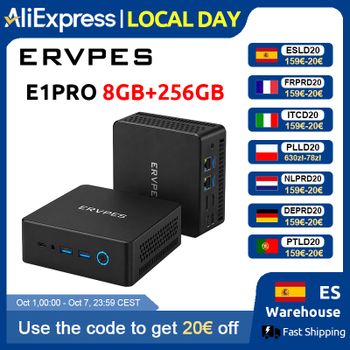 Mini PC ERVPES E1PRO, 8GB LPDDR4, 256GB SSD, Intel N4505, Windows 11 Pro, Wifi de Doble Banda, BT5.0, Mini Computadora de Escritorio para Oficina