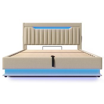 Cama Doble 140x200 Cm, Lino, Led Cabecero Pie, App, Control Remoto, Usb Tipo C, Hidráulica, Almacenamiento, Beige