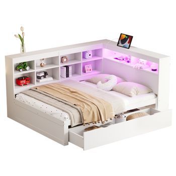 Sofá Cama De Madera Maciza 140x200cm, Multifuncional Con Almacenamiento, Cajones Grandes, Entradas Usb, Luz Led Cambiante De Color, Estantes Y Compartimentos, Diseño Ahorrador De Espacio, Moderno, Blanco