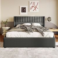 cama de 160x200 cm con sistema de almacenamiento hidraulico cabecero de lino con rayas verticales somier de laminas incluido color gris