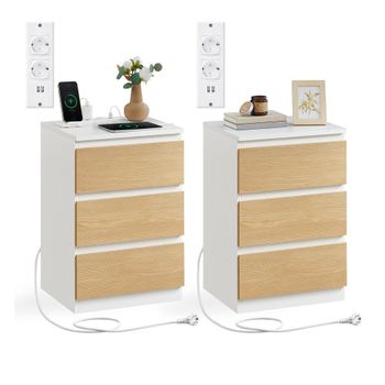KAILYN Colección - Mesita de Noche con Estación de Carga con Cajones Puertos USB, Blanco Nube + Amarillo Almendra / 2