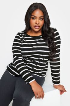 Yours Camiseta Algodón Manga Larga Negra Con Rayas, Mujer Curvy Y Tallas Grandes, Yours
