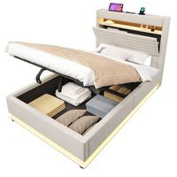 cama de 90x200 cm con puerto de carga usb tipo c-led ropa de cama color beige
