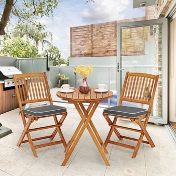 Conjunto Bistro Plegable Patio Mesa Y Sillas Madera Cojines Suaves Gris