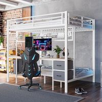 cama alta 90x200 y 140x200 estructura de hierro cajones estantes para guardar objetos rejilla para colgar objetos escritorio con tira led de 7 colores puerto usb sin colchon blanco