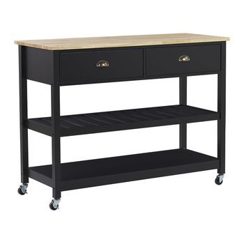 Carrito De Cocina Negro Encimera Madera Clara 2 Estantes 2 Cajones Para Cubiertos Ruedas Estilo Moderno Escandinavo Navarino