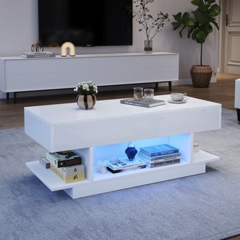 Mesa De Centro Elevable Blanca De 98 Cm Con Almacenamiento Y Luces Led