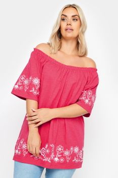 Yours Top Bardot Rosa Con Detalles Bordados, Mujer Curvy Y Tallas Grandes, Yours