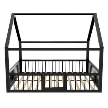Cama Baja Metálica 140x200 Cm - Estructura De Hierro Estilo Casa Con Barandilla - Negro