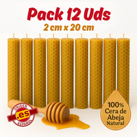 vadeincienso - lote de 12 velas cera de abeja espanola 100 natural hechas a mano 2x20 cm para meditacion y relajacion