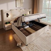 cama tapizada de 180x200 cm con lampara usb y espacio de almacenamiento color beige