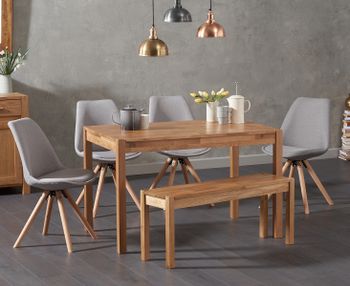 Oxford 120cm Solid Oak Dining Table with Oscar Fabric Round Leg Chairs and Oxford Bench