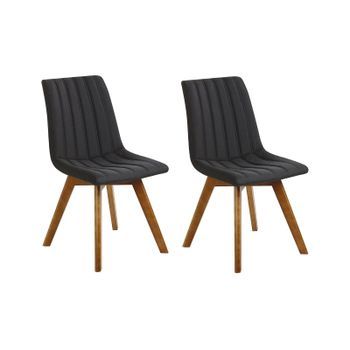 Conjunto De 2 Sillas De Comedor Negro Tela De Poliéster Patas De Madera Maciza Oscura Acolchado Respaldo Curvo Calgary