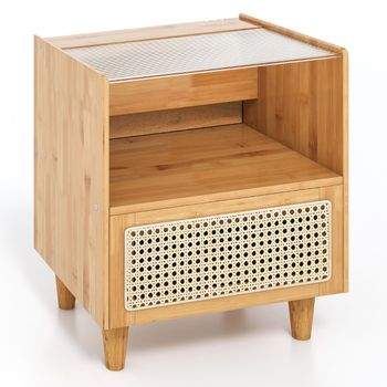 Costway Mesa de Noche de Bambú y Ratán con Cajón y Patas de Madera Maciza Mesa Auxiliar para Dormitorio Sala de Estar Natural 43 x 35 x 50 cm