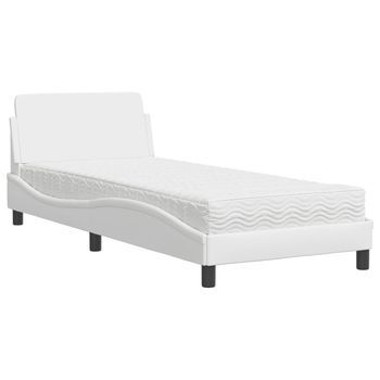 Cama Individual | Cama Para Adultos | Cama Con Colchón Cuero Sintético Blanco 80x200 Cm