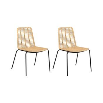 Conjunto De 2 Sillas Sin Reposabrazos Patas De Hierro Respaldo Y Asiento De Ratán Diseño Vintage Boho Natural Taos