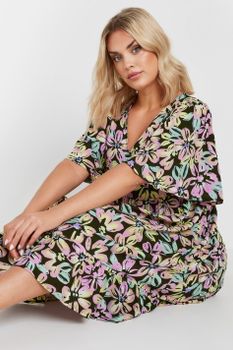 Yours Vestido Cintura Alta Negro De Flores Rosas, Mujer Curvy Y Tallas Grandes, Yours