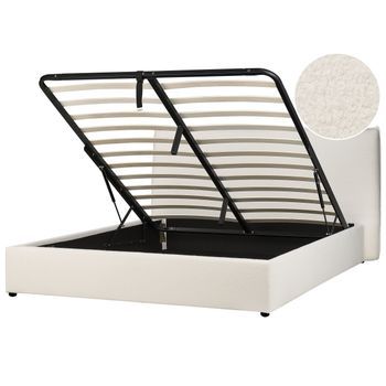Cama Con Almacenaje De Buclé Blanco Crema 160 X 200 Cm Otomana Cabecero Lavaur