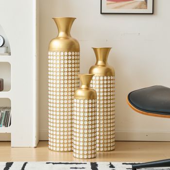 Set De 3 Jarrones De Suelo - Decoración De Salón - Metal - Bronce Y Blanco (24.5x24.5x83cm)