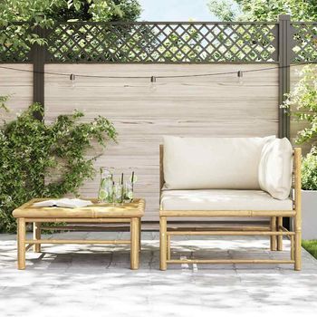 Conjunto De Muebles De Jardín 2 Uds | Mesa Y Sillas Bambú Y Cojines Blanco Crema