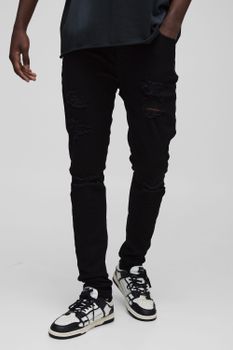 Vaqueros Pitillo Rotos Con Pernera Plisada, Negro